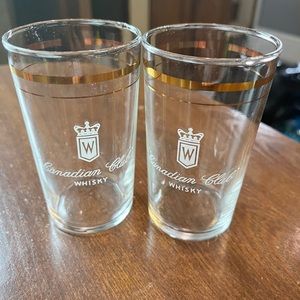 2 vintage Canadian Club glasses with gold rim